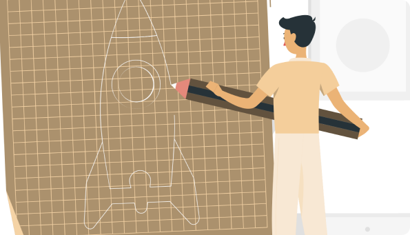 Illustration d’une personne dessinant le plan d’une fusée sur un tableau quadrillé avec un grand crayon.
